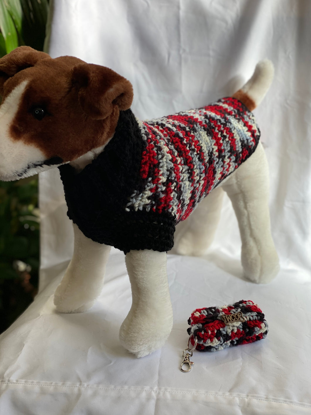 Red, Black and Gray Sweater and Matching Poo Bag Holder